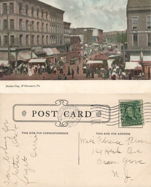 WILLIAMSPORT PA MARKET DAY 1908 ANTIQUE POSTCARD