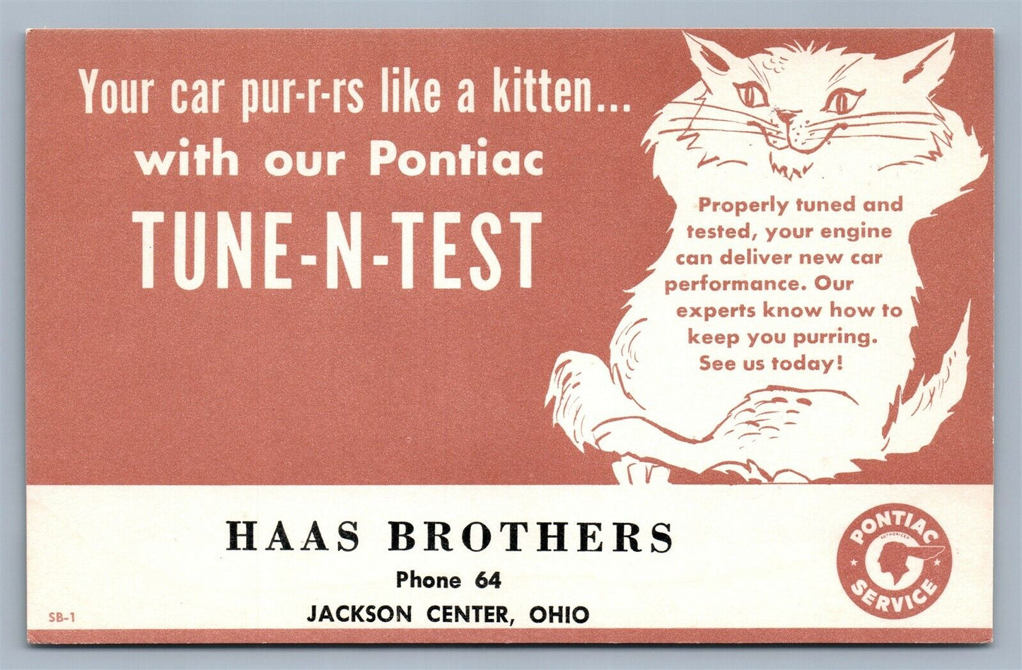 JACKSON CENTER OH HAAS BROTHERS PONTIAC TEST ADVERTISING VINTAGE POSTCARD w/ CAT