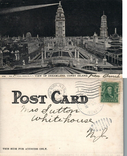 CONEY ISLAND BROOKLYN N.Y. DREAMLAND 1906 UNDIVIDED ANTIQUE POSTCARD CORK CANCEL