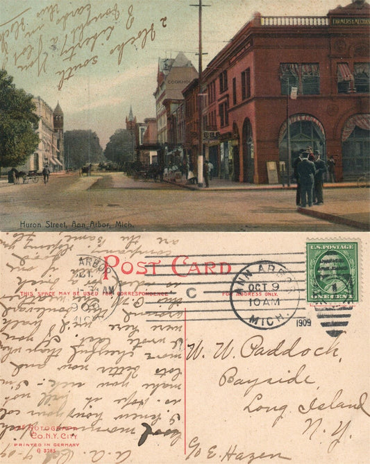 ANN ARBOR MI HURON STREET 1909 ANTIQUE POSTCARD w/ CORK CANCEL