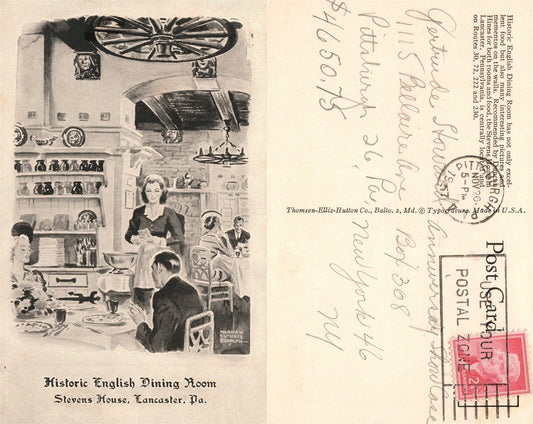 LANCASTER PA STEVENS HOUSE RESTAURANT ENGLISH DINING ROOM 1957 VINTAGE POSTCARD