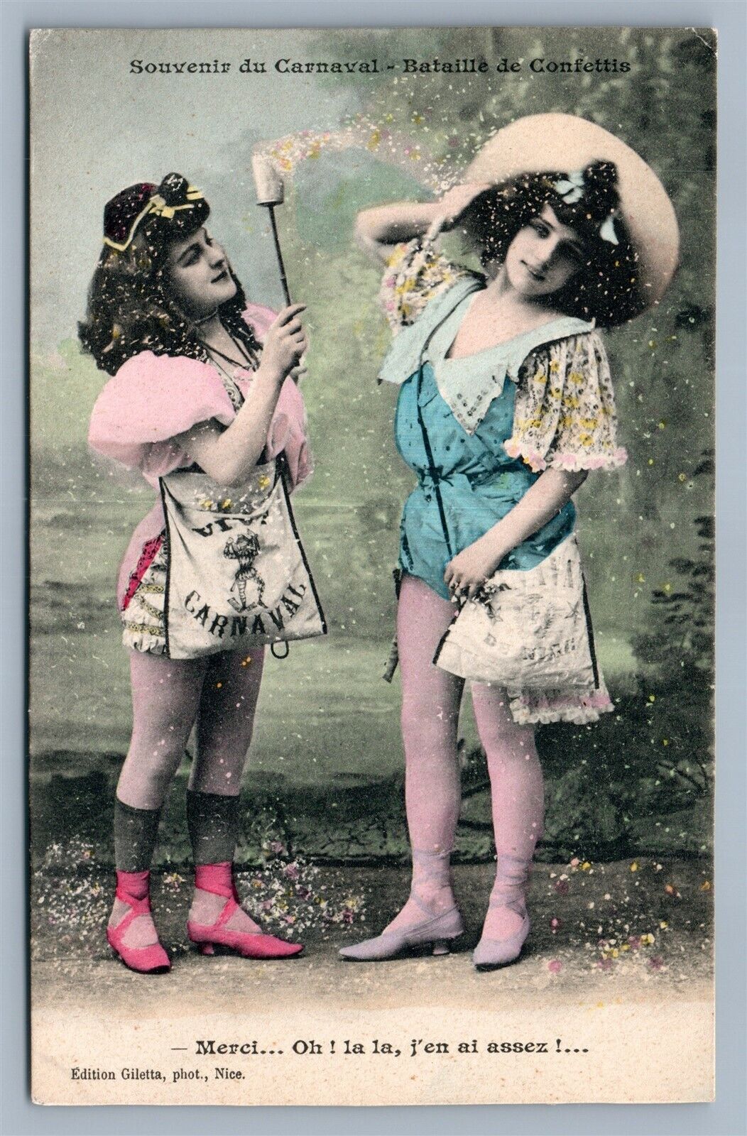 FRANCE NICE CARNAVAL ANTIQUE POSTCARD BATAILLE DE CONFETTIS carnival girls