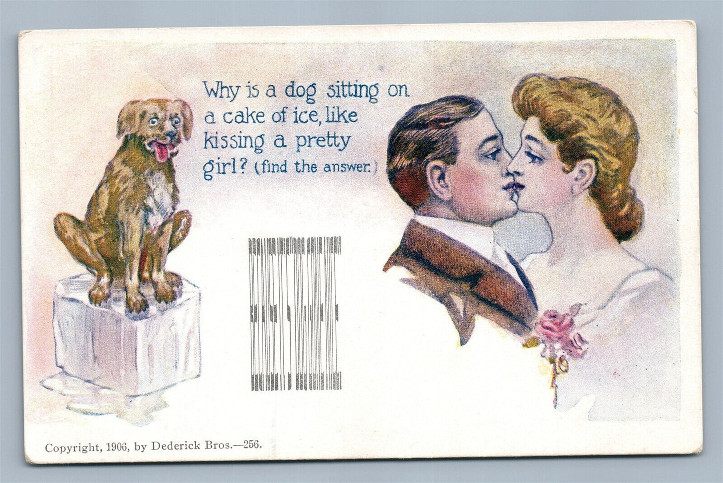 PUZZLE CARD FING THE ANSWER ANTIQUE POSTCARD WHY IS A DOG SITTING ON CAKE OF ICE