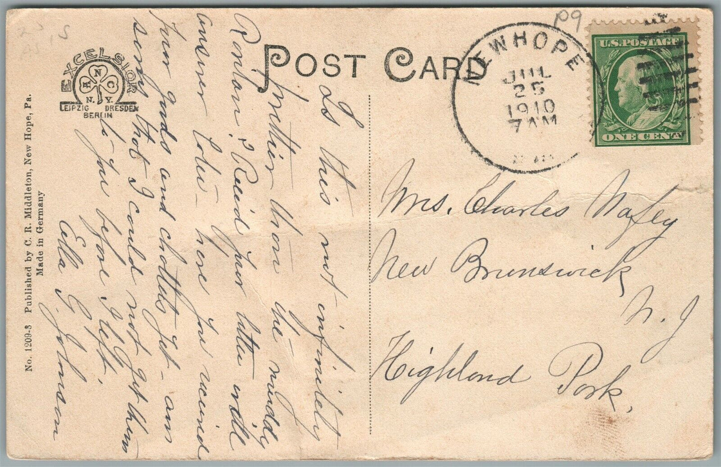 NEW HOPE PA DELAWARE RIVER ANTIQUE POSTCARD