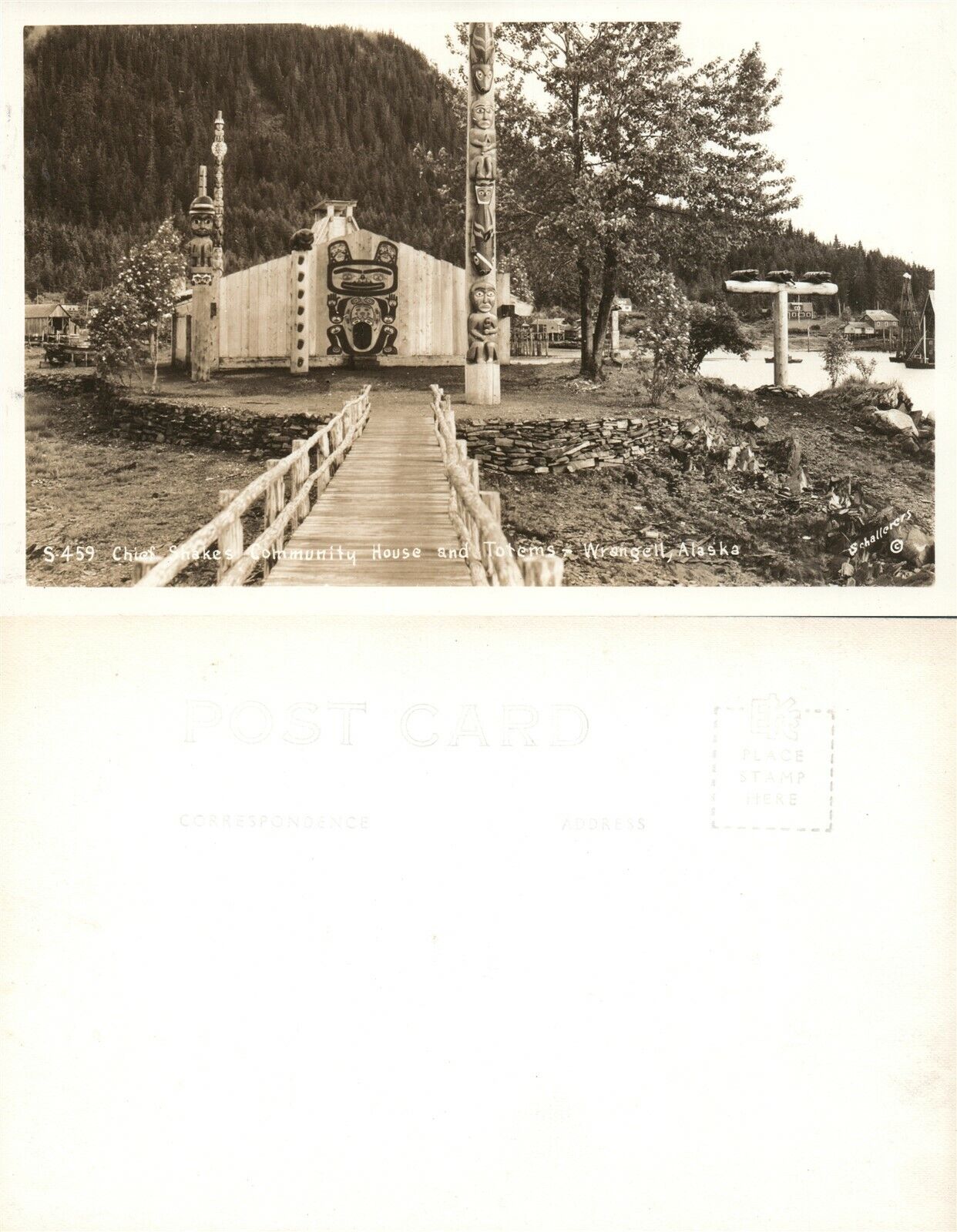 WRANGELL CHIEF SHAKES COMMUNITY HOUSE & TOTEMS VINTAGE REAL PHOTO POSTCARD RPPC