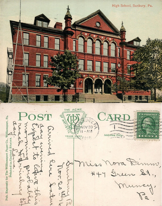 SUNBURY PA HIGH SCHOOL 1916 ANTIQUE POSTCARD