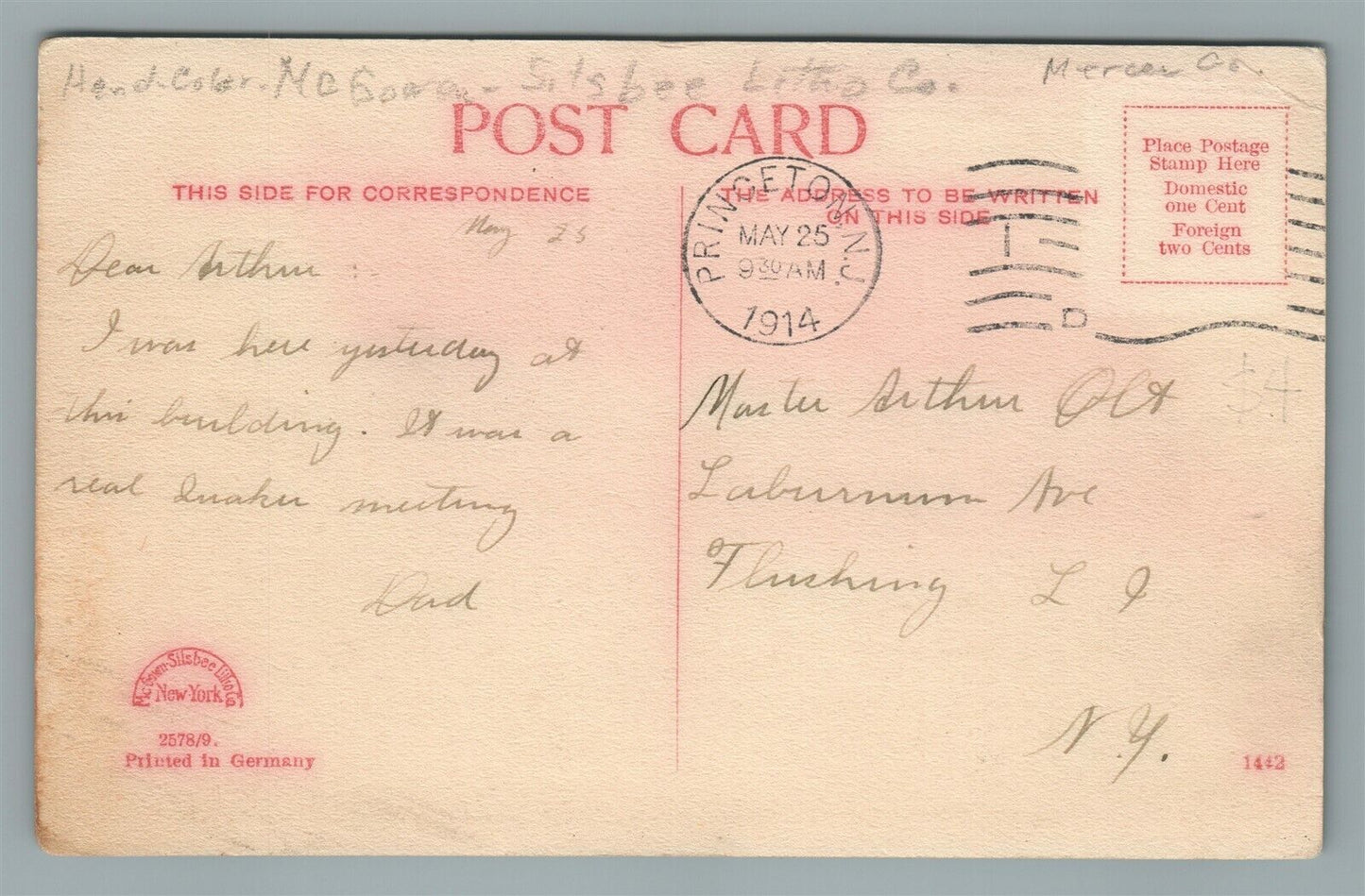 STONY BROOK near PRINCETON NJ QUAKER MEETING HOUSE ANTIQUE POSTCARD