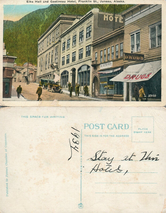 JUNEAU AK FRANKLIN STREET ELKS HALL & GASTINEAU HOTEL ANTIQUE POSTCARD