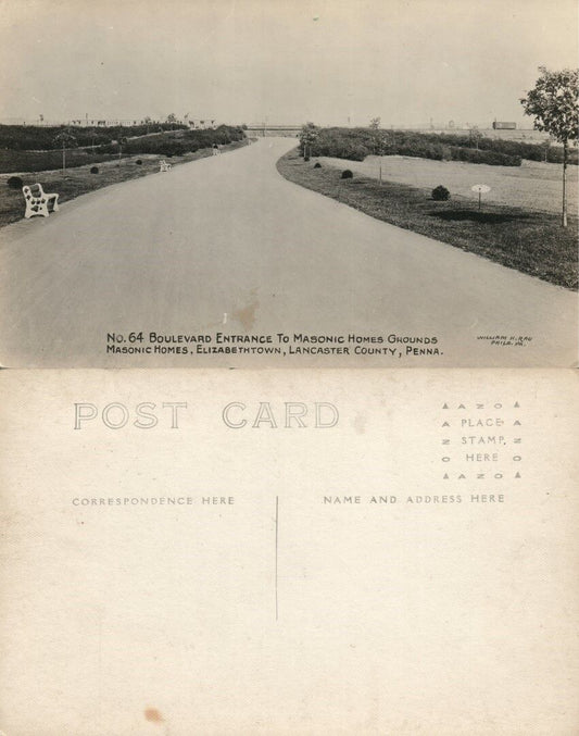 ELIZABETHTOWN PA MASONIC HOMES LANCASTER BOULEVARD VINTAGE PHOTO POSTCARD RPPC