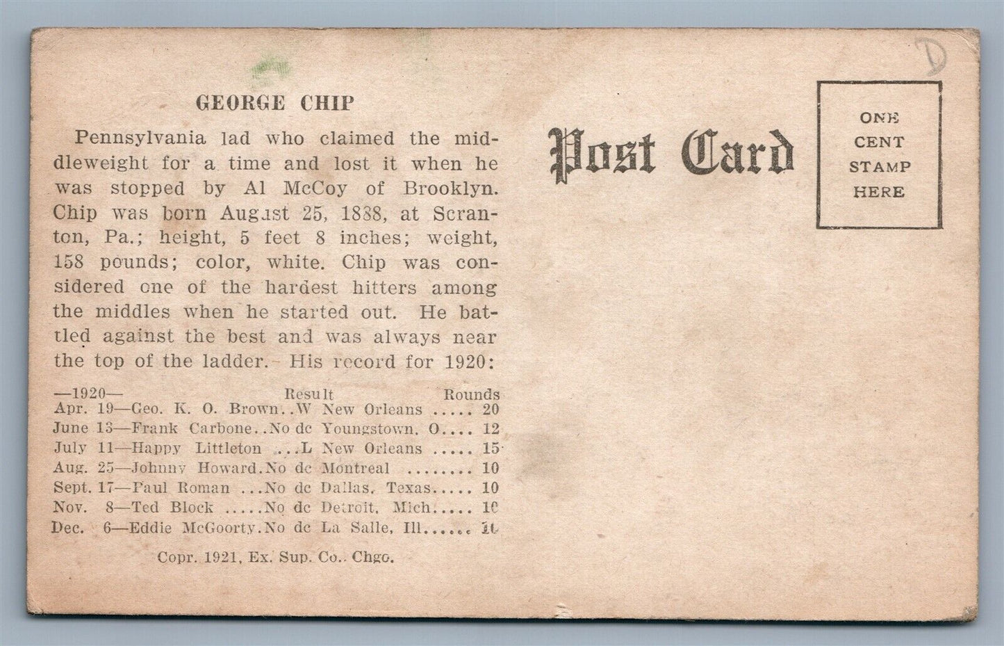NEW CASTLE PA GEO CHIP BOXING CHAMPION BOXER ANTIQUE POSTCARD