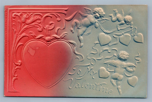 VALENTINE ANTIQUE DEEPLY EMBOSSED 1908 POSTCARD CUPIDS w/ HEARTS