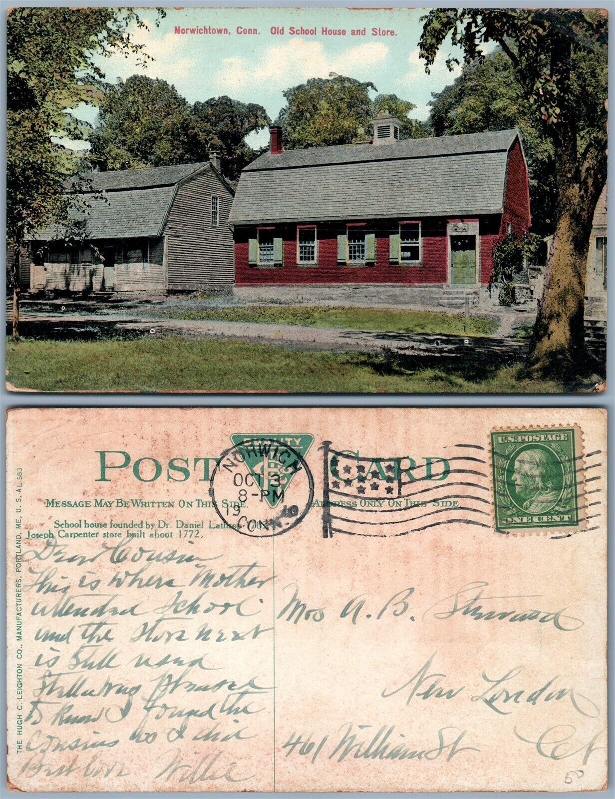 NORWICHTOWN CT OLD SCHOOL HOUSE & STORE 1910 ANTIQUE POSTCARD