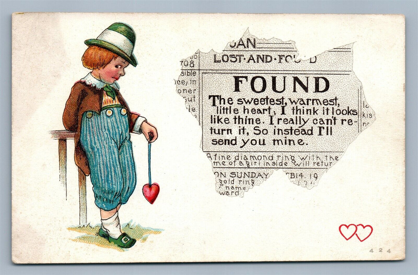 VALENTINE ANTIQUE POSTCARD BOY w/ NEWSPAPER LOST & FOUND