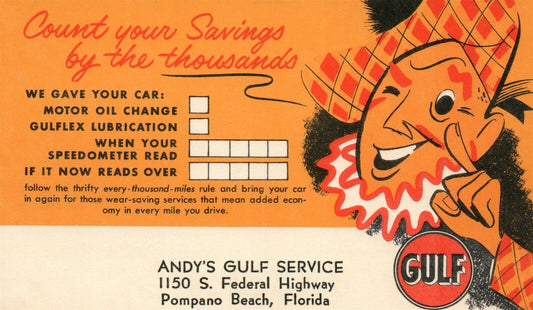 POMPANO BEACH FL ANDY'S GULF SERVICE VINTAGE POSTCARD AUTO GAS STATION