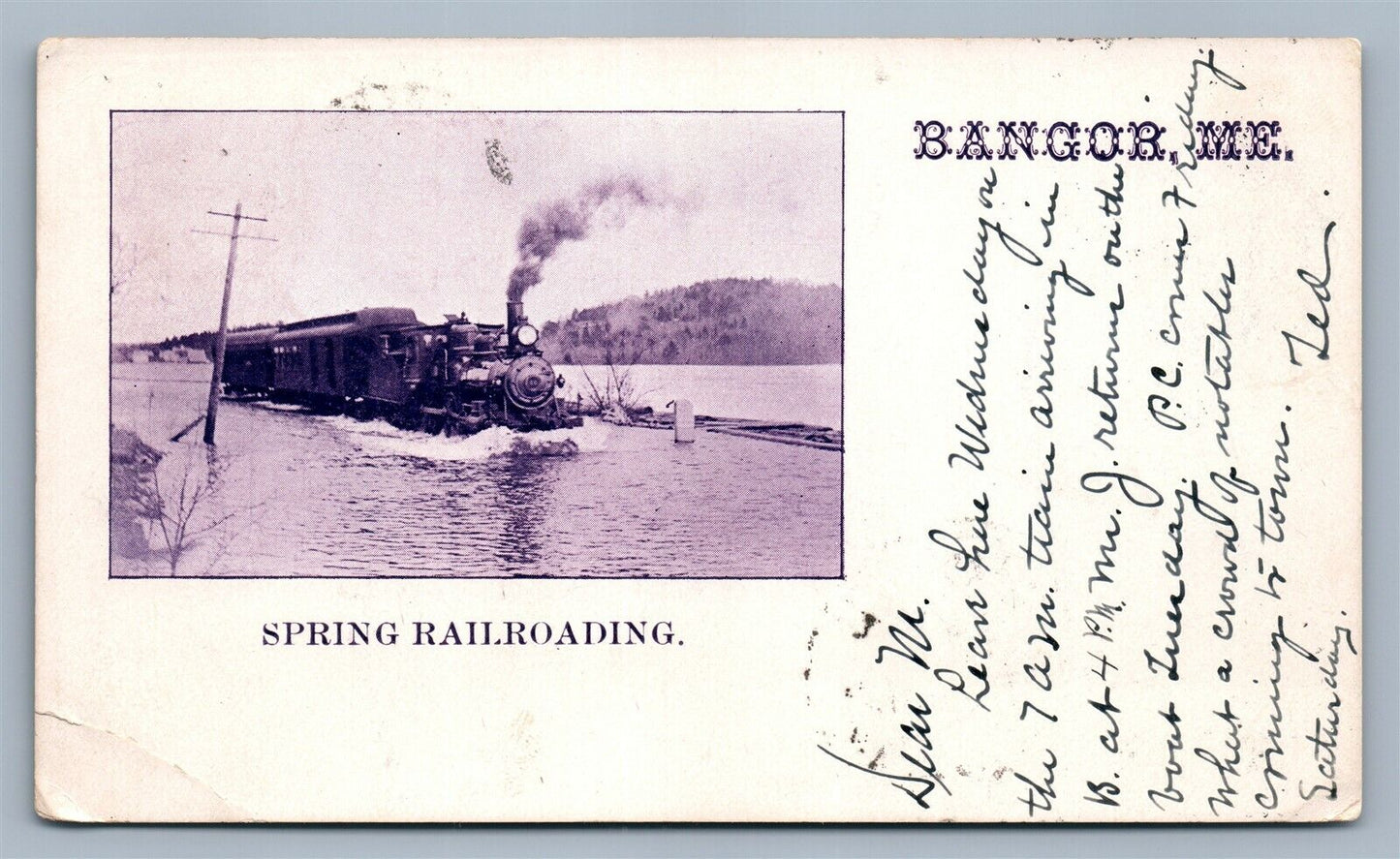 BANGOR ME FLOOD SPRING RAILROADING ANTIQUE POSTCARD railway PRIVATE MAILING 1903