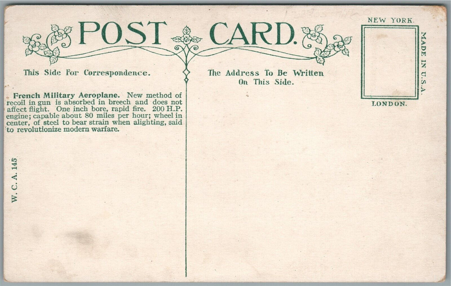 FRENCH MILITARY AEROPLANE ANTIQUE POSTCARD