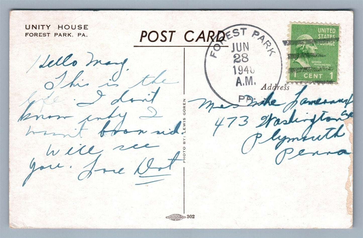 FOREST PARK PA "A" BUILDING AT UNITY HOUSE VINTAGE POSTCARD