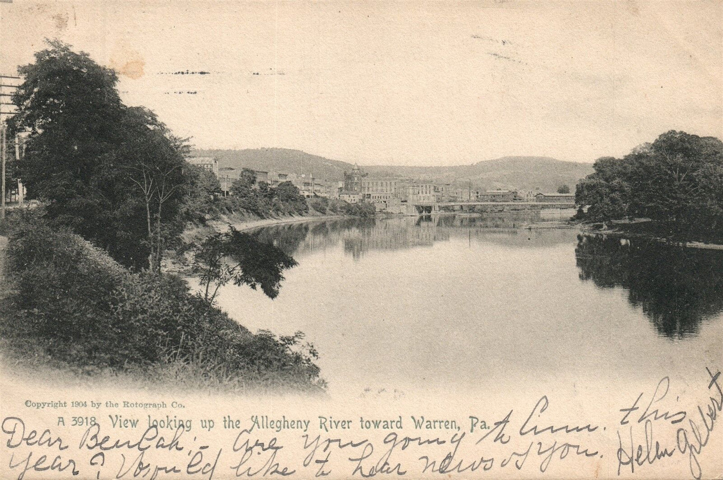 ALLEGHENY RIVER TOWARD WARREN 1905 UNDIVIDED ANTIQUE POSTCARD