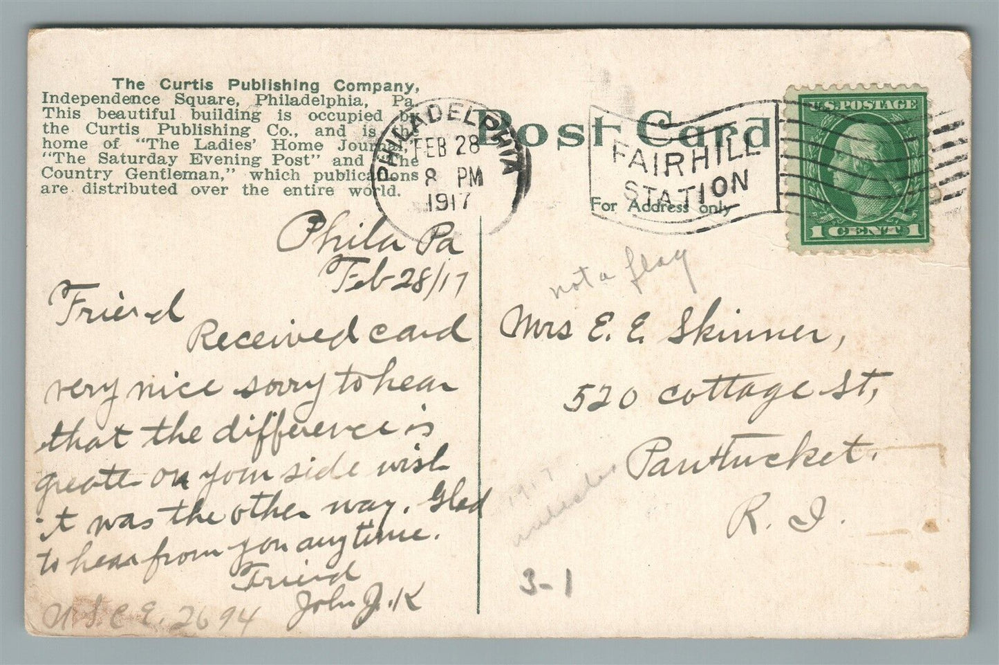PHILADELPHIA PA CURTIS PUBLISHING CO. ANTIQUE POSTCARD