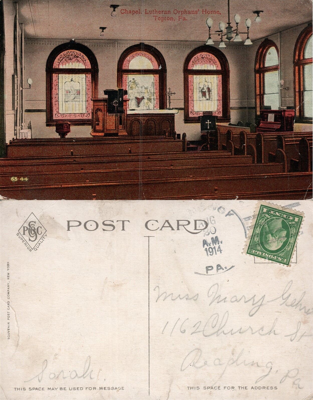 TOPTON PA CHAPEL LUTHERAN ORPHANS HOME 1914 ANTIQUE POSTCARD