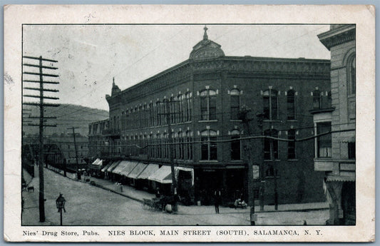 SALAMANCA NY MAIN STREET NIES BLOCK 1907 AVENUE ANTIQUE POSTCARD w/ CORK CANCEL