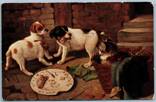 DOGS DINNER w/ CAT ANTIQUE POSTCARD