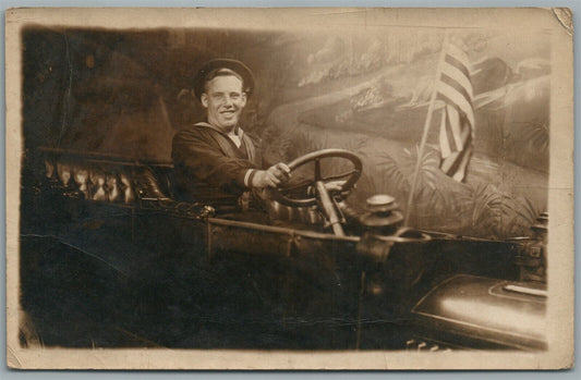 US NAVY w/ AMERICAN FLAG PATRIOTIC VINTAGE REAL PHOTO POSTCARD RPPC