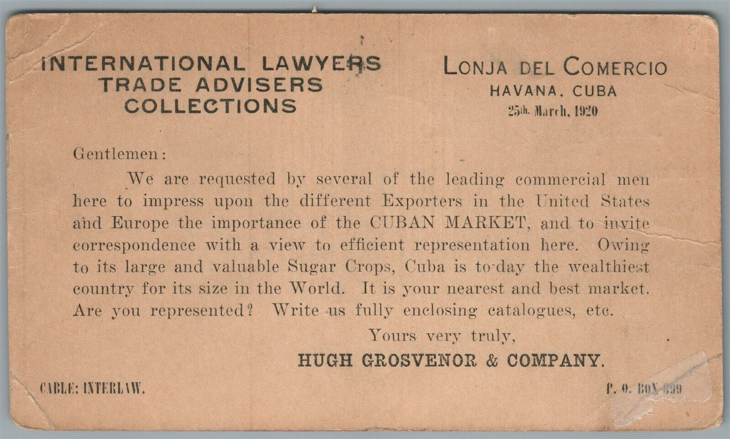 CUBA HAVANA 1920 LAWYERS TRADE ADVISORS SUGAR CROPS ADVERTISING ANTIQUE POSTCARD