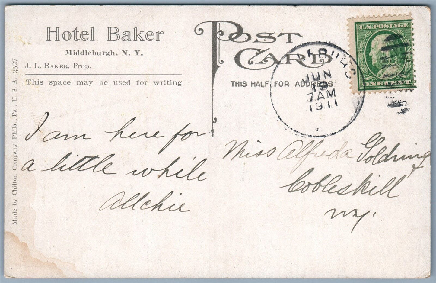 MIDDLEBURGH NY HOTEL BAKER 1911 ANTIQUE POSTCARD