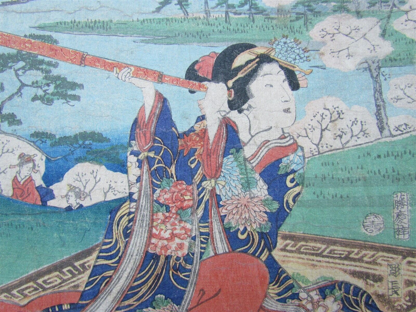 JAPANESE WOODBLOCK PRINT TRITYCH 3 geishas EDO PERIOD