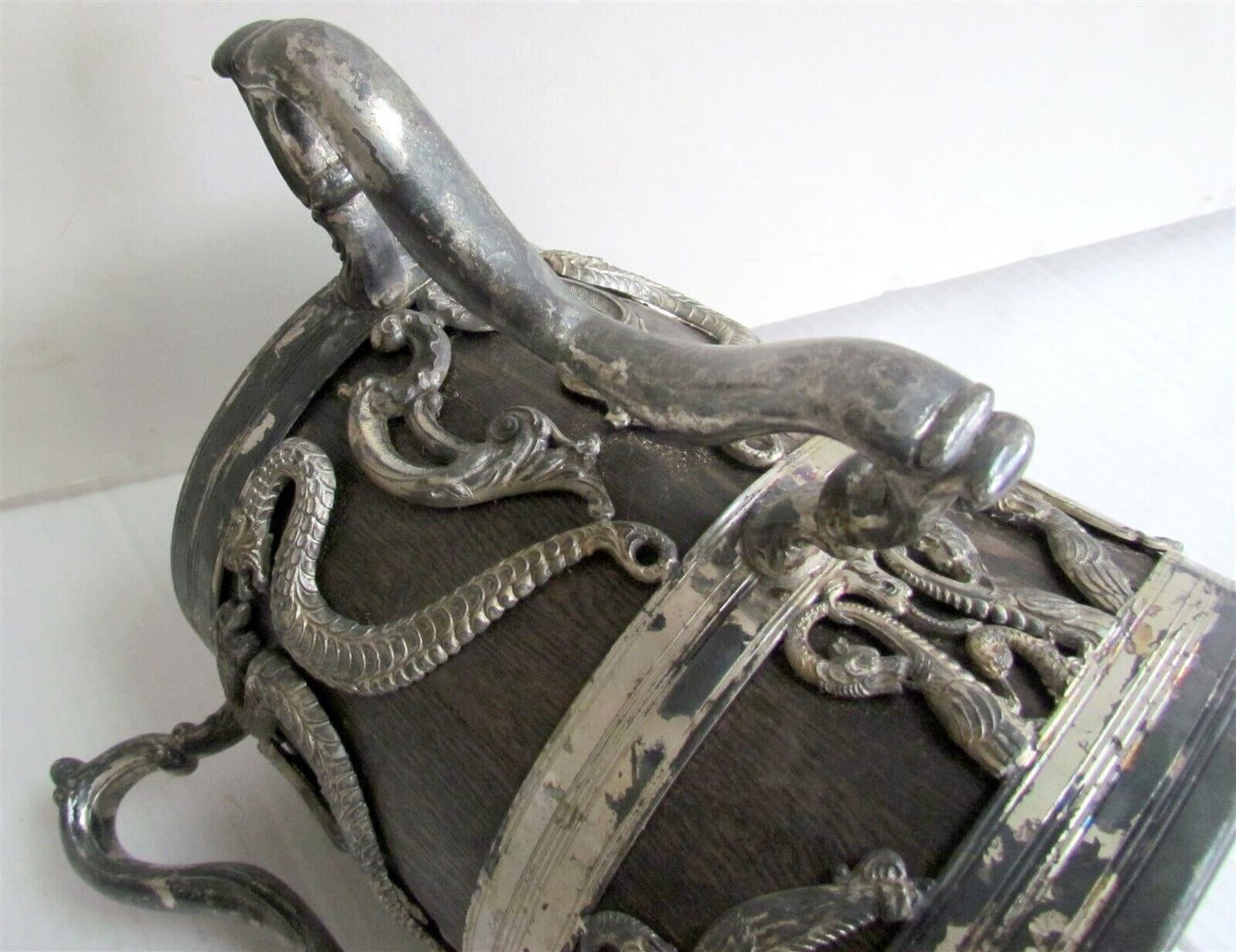 UNIQUE ANTIQUE TROPHY 3 HANDLES WOOD & SILVERPLATED VESSEL w/ SERPENTS DESIGN