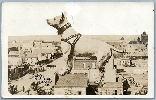 CROSBY ND EXAGGERATED DOG ANTIQUE 1916 PHOTOMONTAGE REAL PHOTO POSTCARD RPPC