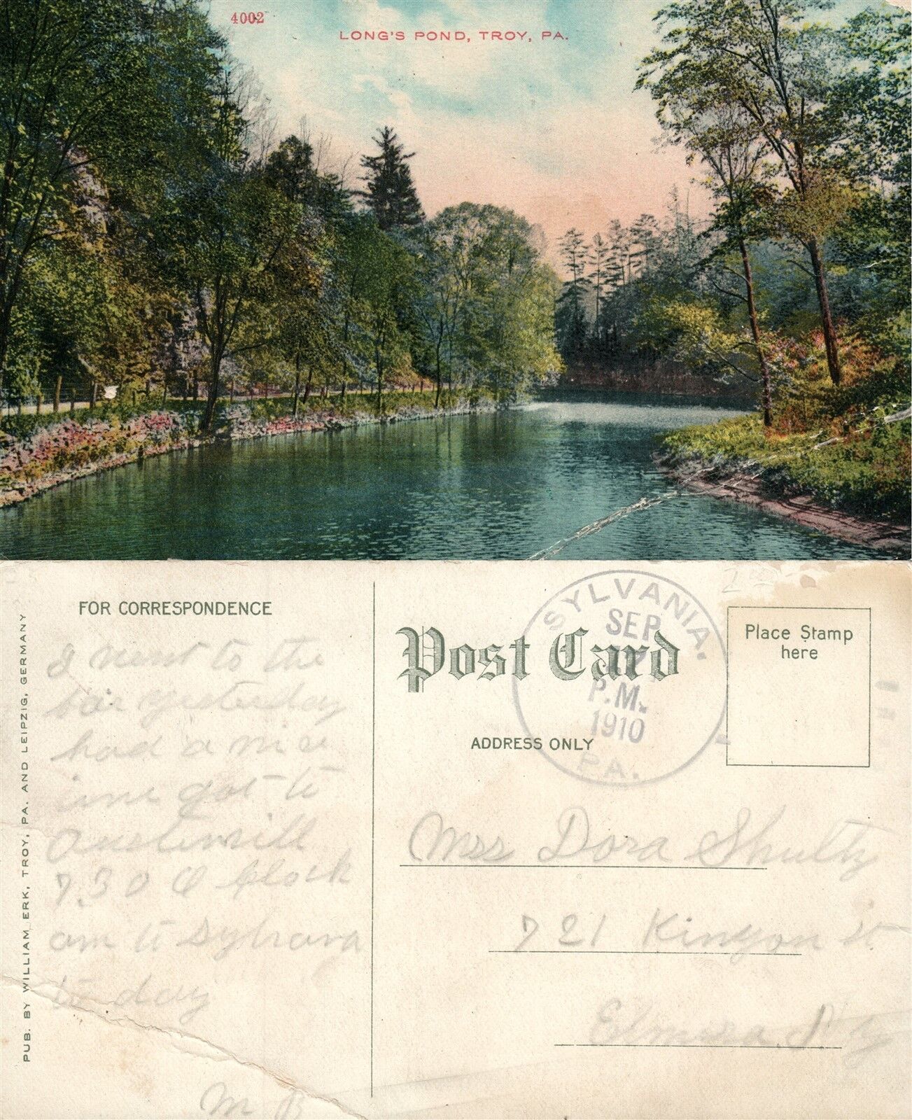 TROY PA LONG'S POND 1910 ANTIQUE POSTCARD