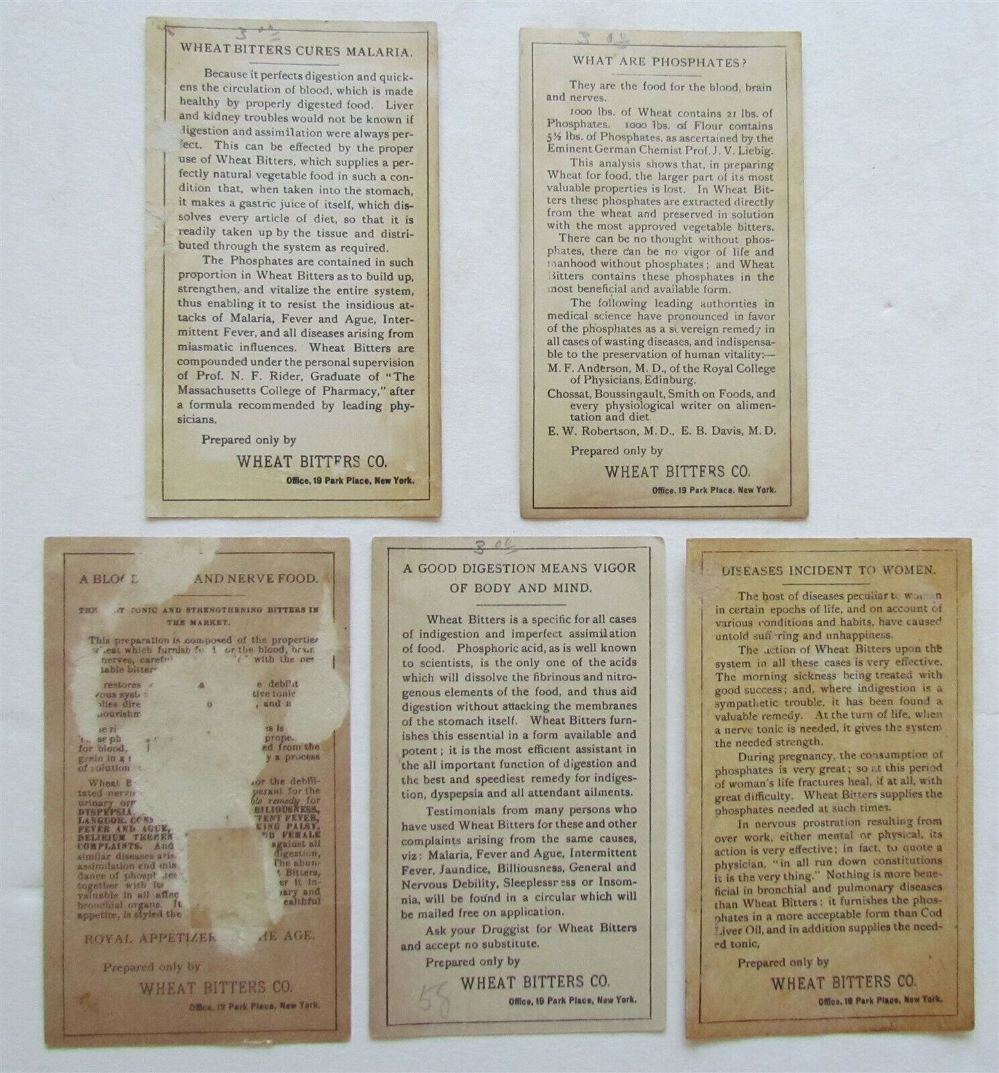 WHEAT BITTERS COMPANY NEW YORK 5 ANTIQUE VICTORIAN TRADE CARDS ADVERTISING