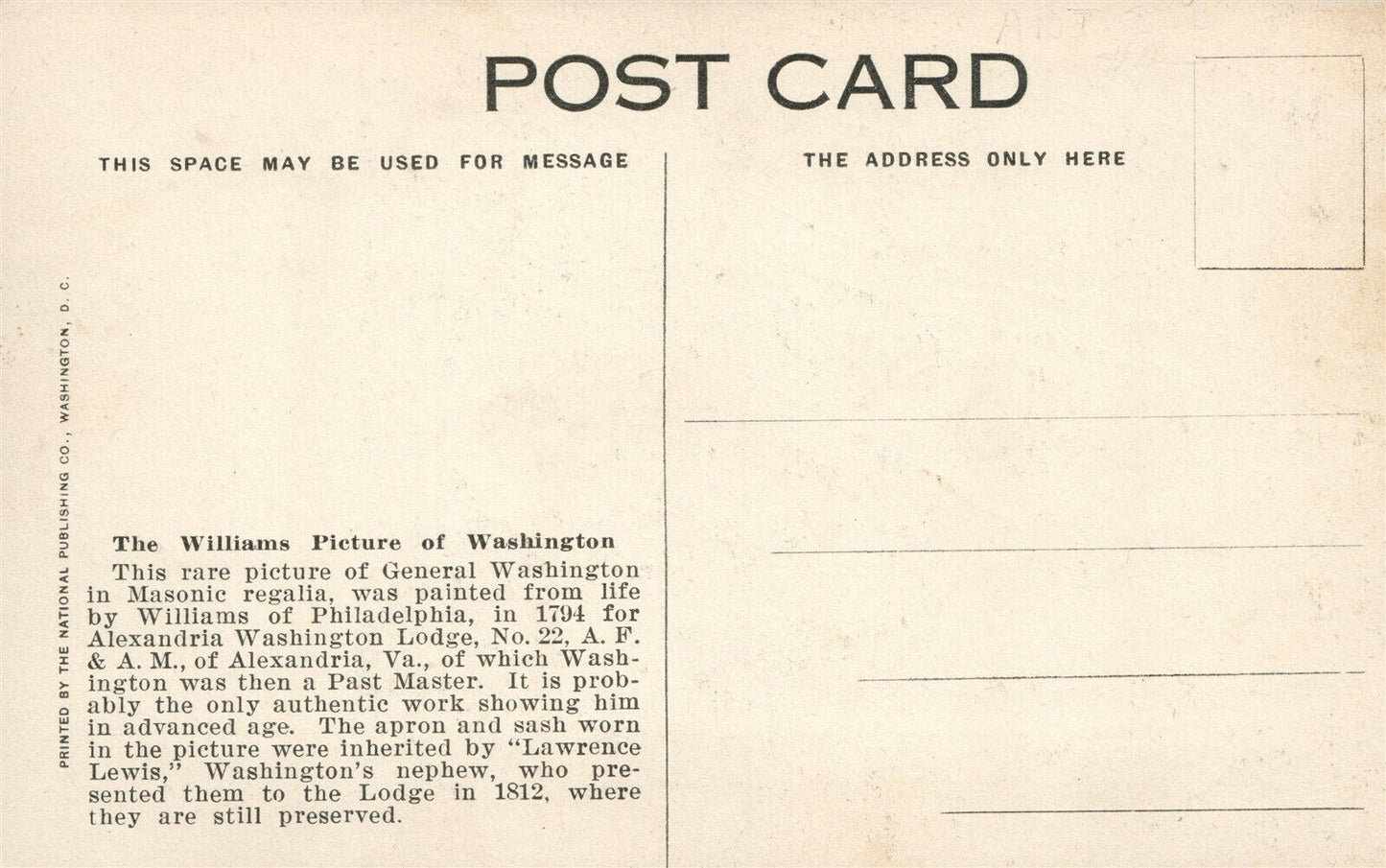 WILLIAMS PICTURE OF WASHINGTON ANTIQUE PATRIOTIC POSTCARD