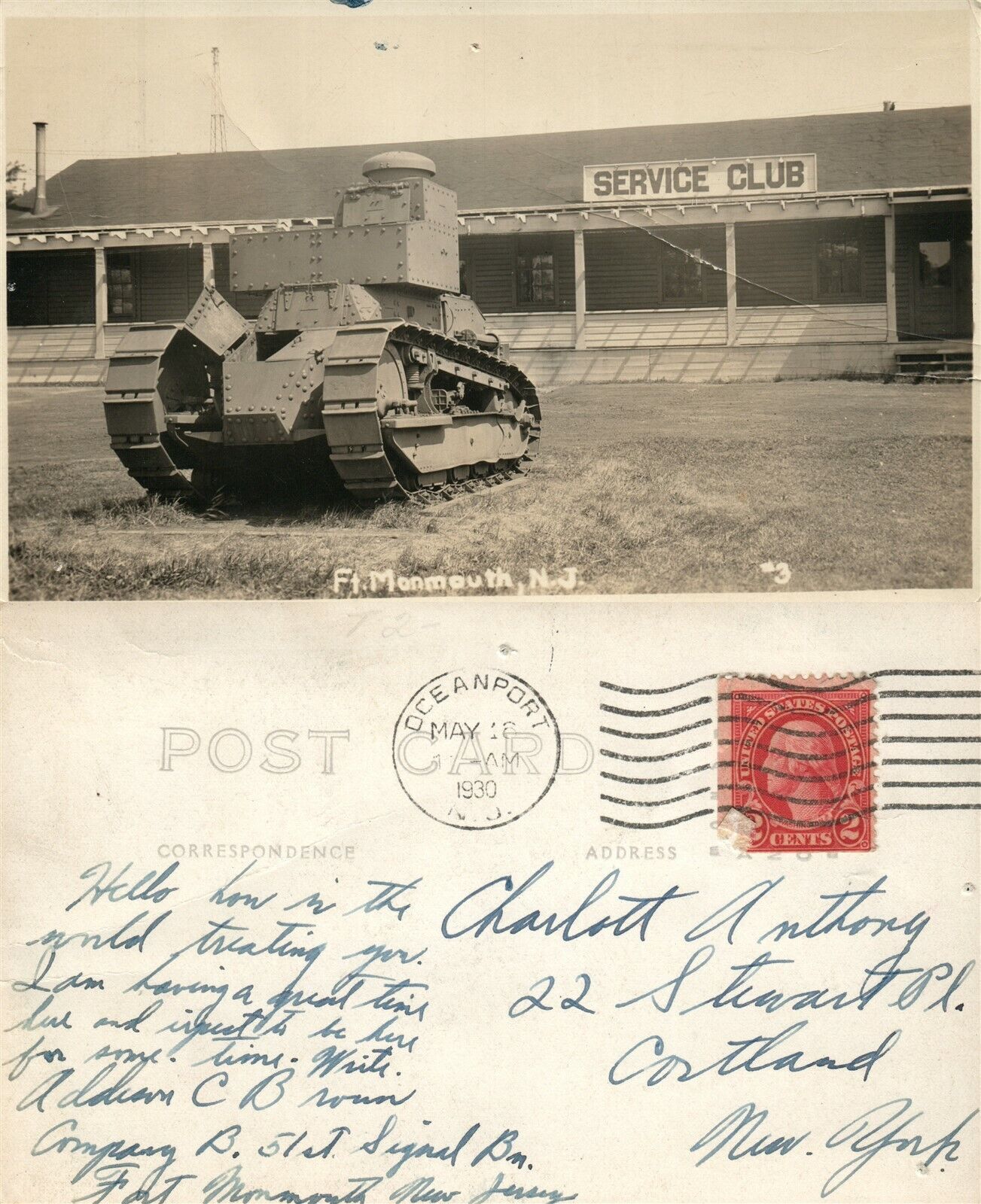 FT.MONMOUTH N.J. TANK AT SERVICE CLUB 1930 REAL PHOTO POSTCARD ANTIQUE RPPC