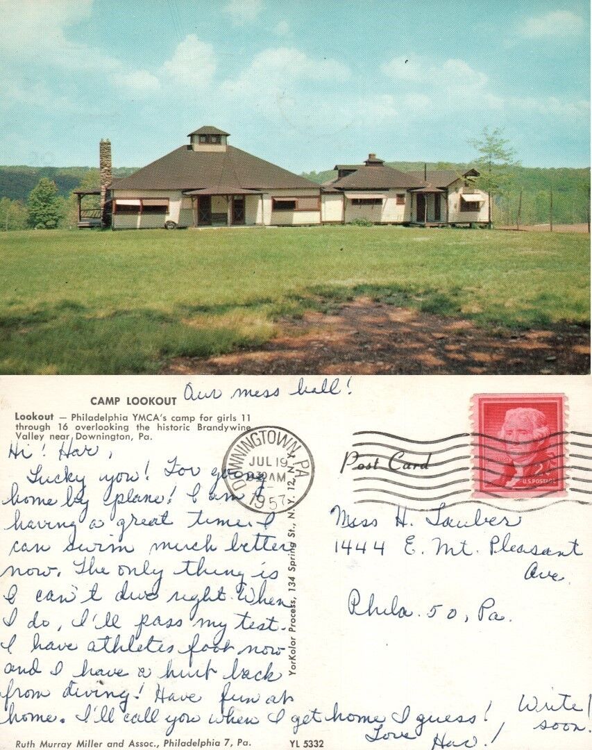 YMCA CAMP LOOKOUT BRANDYWINE VALLEY NEAR DOWNINGTON 1957 VINTAGE POSTCARD