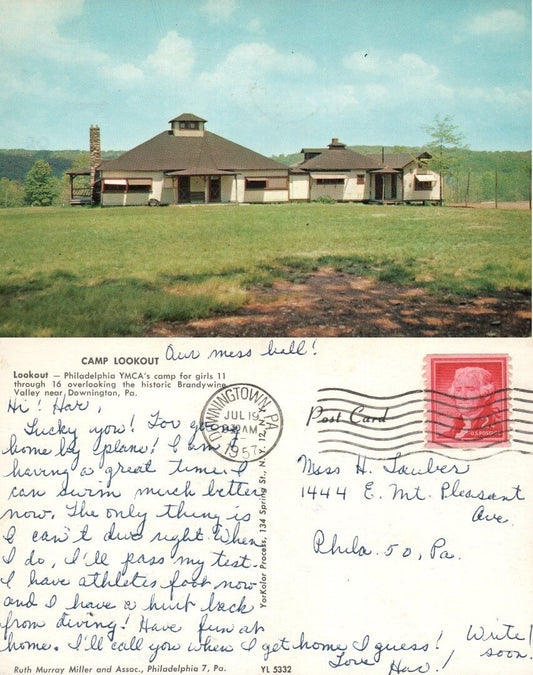 YMCA CAMP LOOKOUT BRANDYWINE VALLEY NEAR DOWNINGTON 1957 VINTAGE POSTCARD