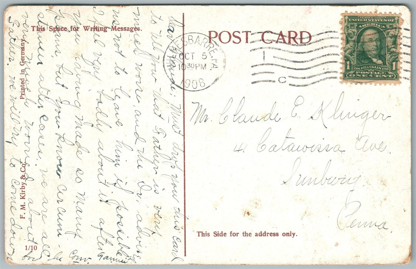 WILKES-BARRE PA CITY HOSPITAL 1908 ANTIQUE POSTCARD