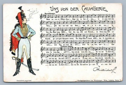 CAVALRY SONG MUSIC GERMAN ARTIST SIGNED ANTIQUE POSTCARD