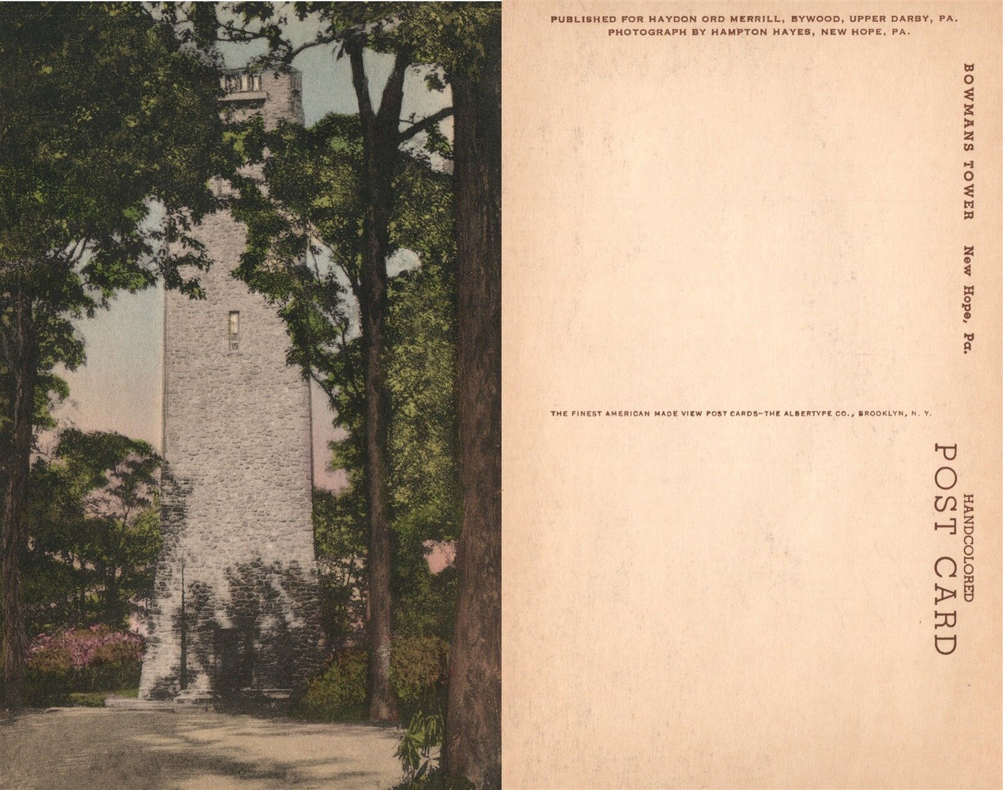 NEW HOPE BUCKS COUNTY PA BOWMANS TOWER ANTIQUE HAND COLORED POSTCARD