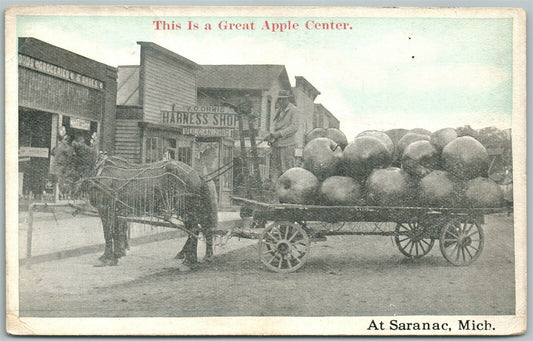 SARANAC MI EXAGGERATED APPLES FARMING 1928 ANTIQUE POSTCARD