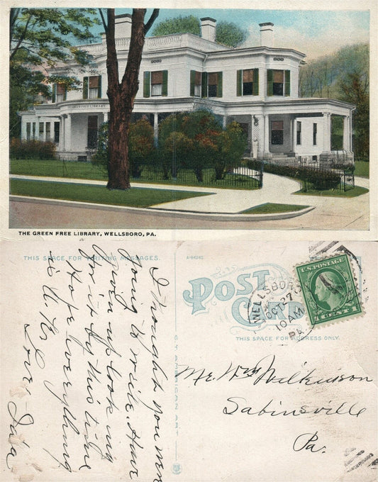 WELLSBORO PA GREEN FREE LIBRARY ANTIQUE POSTCARD w/ CORK CANCEL