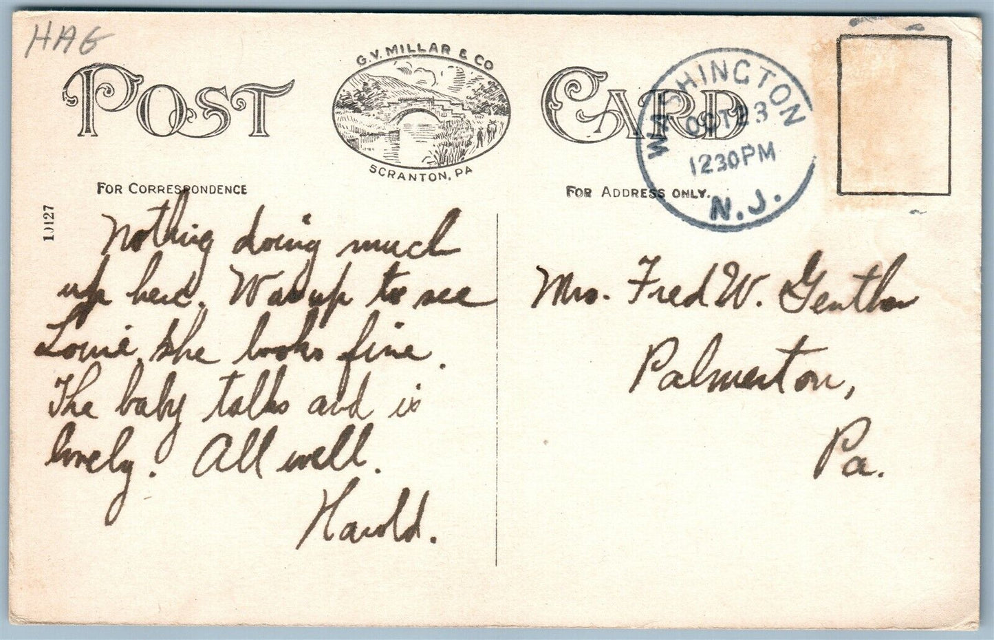 WASHINGTON NJ ST. PETER'S CHURCH ANTIQUE POSTCARD