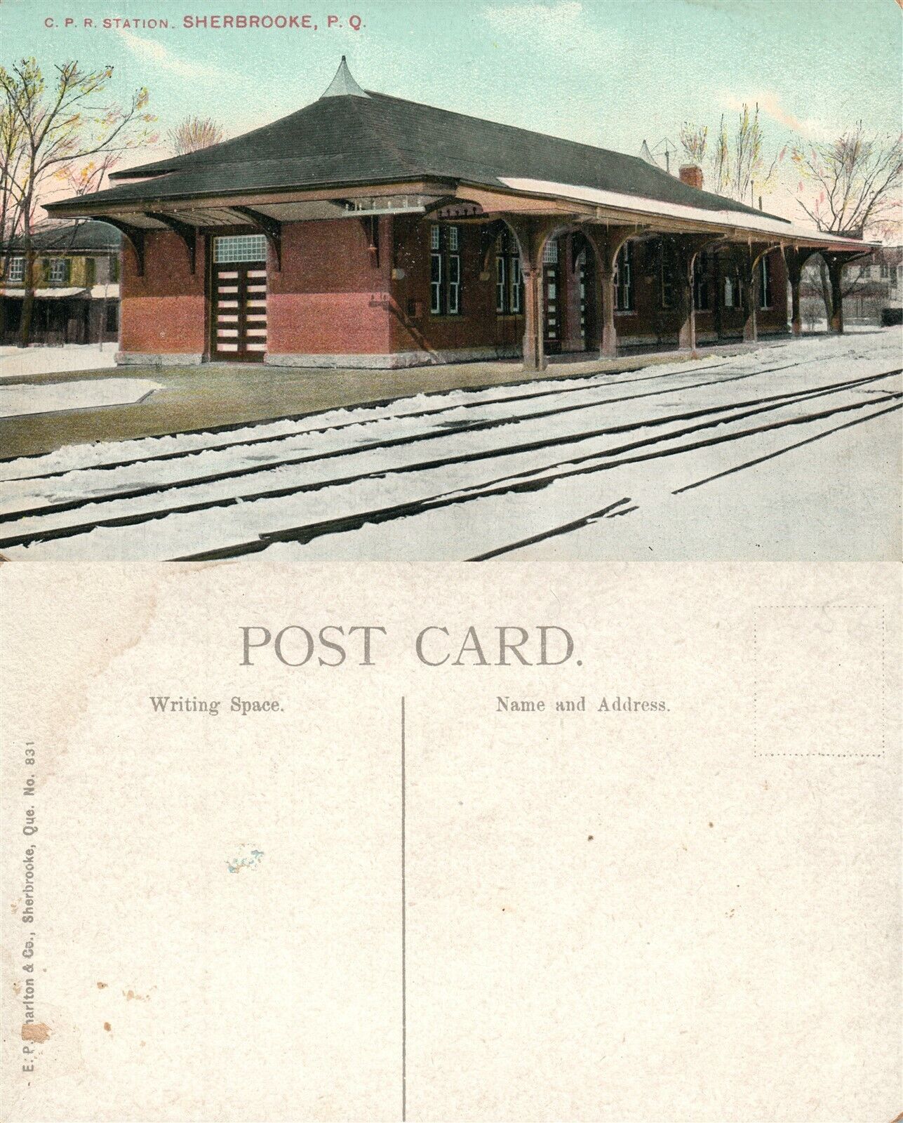 SHERBROOKE P.Q. CANADA RAILWAY STATION ANTIQUE POSTCARD RAILROAD DEPOT