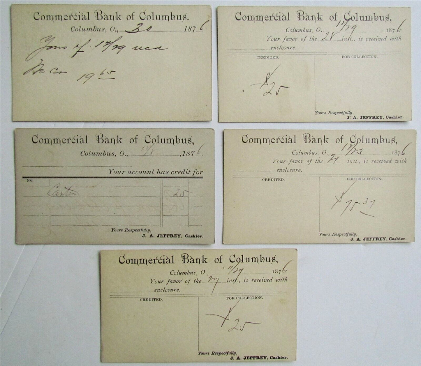 1876 LOT of 5 COMMERCIAL BANK of COLUMBUS OHIO ANTIQUE STATEMENT CARDS POSTCARDS