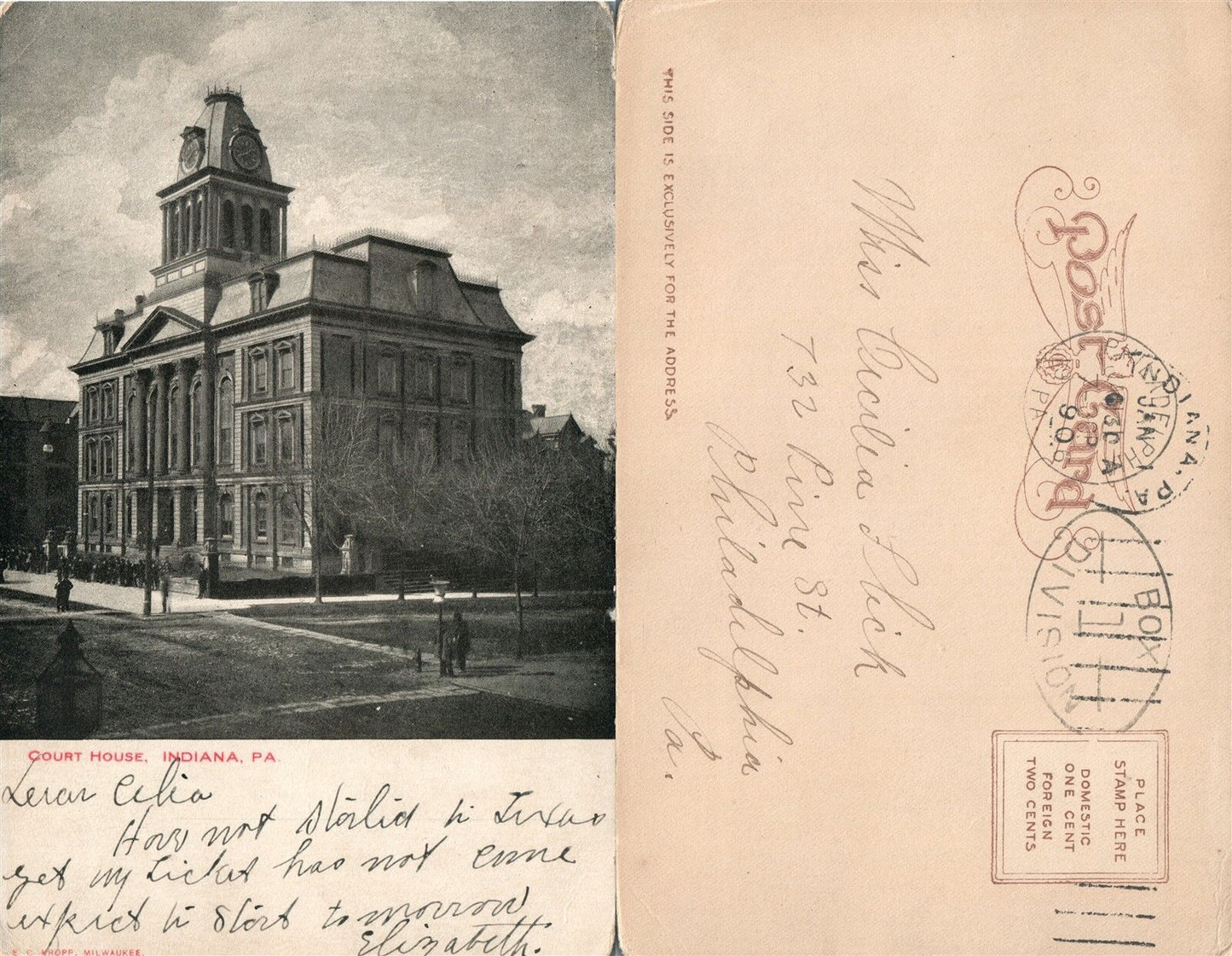 INDIANA PA COURT HOUSE 1906 ANTIQUE POSTCARD