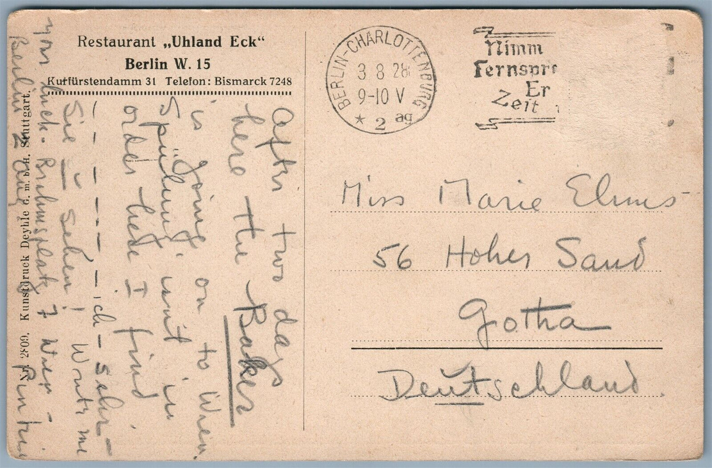 GERMANY BERLIN UHLAND ECK RESTAURANT ANTIQUE POSTCARD