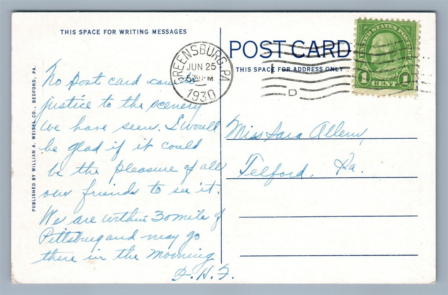 McCONNELLSBURG PA LINCOLN HIGHWAY ANTIQUE POSTCARD