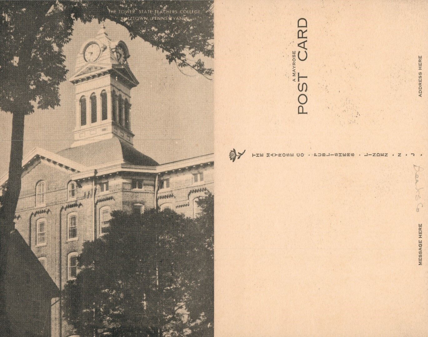 KUTZTOWN PA STATE TEACHER'S COLLEGE THE TOWER ANTIQUE POSTCARD
